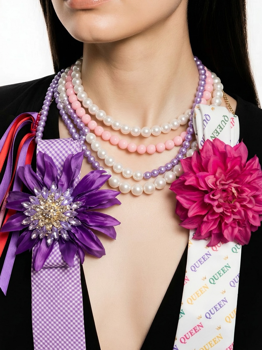 Elegant Multi-Strand Pearls Necklace with Pink and Lavender Beads